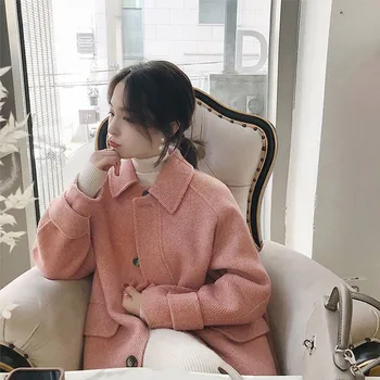 Noua Toamna Iarna Haină de Lână Femei Subțire O-linie Medie de Mult Roz Stil coreean Haine Roz Doamnelor Elegante Rândul său, în Jos Guler Îmbrăcăminte exterioară