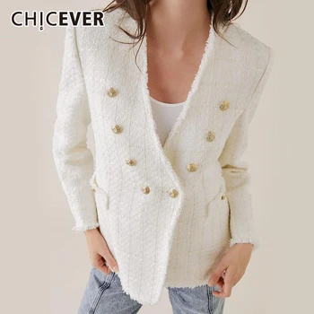 CHICEVER Tweed Blazer Pentru Femei V-Neck Maneca Lunga Mozaic Ciucure Designer Liber High Street Halate Albe sex Feminin 2020 Îmbrăcăminte