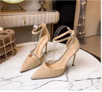 Pantofi cu toc înalt Proaspete franceză Fata Sandale Gol Pantofi a Subliniat Stras 2020 Bine-toc de Vara Femei Tocuri Subtiri Deschide