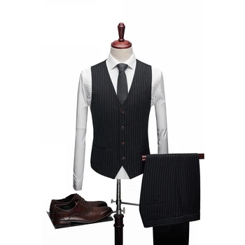 (Sacou+Vesta+Pantaloni) 2019 Noi costume Pentru Bărbați Costume Business Casual Negru cu Dungi Costum S-XXXL Designer de Top Mens Toamna 3 Costum Homme