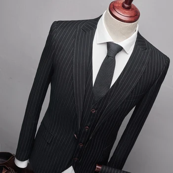 (Sacou+Vesta+Pantaloni) 2019 Noi costume Pentru Bărbați Costume Business Casual Negru cu Dungi Costum S-XXXL Designer de Top Mens Toamna 3 Costum Homme