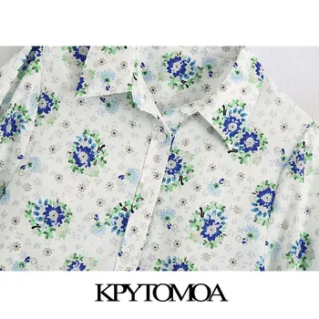 KPYTOMOA Femei 2020 Moda de Imprimare Florale Decupate Bluze Vintage Felinar Maneca Buton-up Feminin Tricouri Blusas Topuri Chic