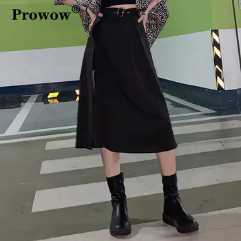 Talie mare Y2k O Linie Midi Harajuku Fusta Femei 2020 Streetwear-Sexy Fantă Dantelă-up Negru Gotic Casual de Vara Fuste Cu Centura