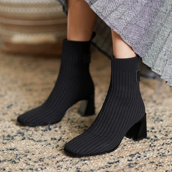 De Iarnă Pentru Femei Cizme Pentru Femei Square Toe Toc Gros Tricotate Întinde Șosete Cizme De Moda Solid Pentru Femei Pantofi Ghete Pentru Femeie