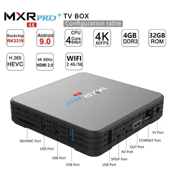 MXR PRO PLUS Android 9.0 4GB RAM 32GB ROM Smart TV 4K Cutie RK3318 Quad Core, Display Digital 2.4 G/5G Wifi BT4.0 USB3.0 H. 265 HDR10