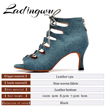 Ladingwu dans latino pantofi Femei Denim Albastru Dans cizme largi subțire toc înalt de 10-6cm Salsa de Performanță dansurile de Bal Pantofi
