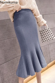 Nomikuma Întinde Trompeta Fusta Femei Culoare Solidă Slim Fit Tricotate Talie Mare Fuste Femei de Moda Elegant Faldas Mujer 3d194
