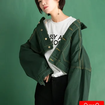 Femei jacheta denim harajuku top hip hop trunchiate verde denim jachete femei toamna bază geaca de blugi 2018 femei KK2446