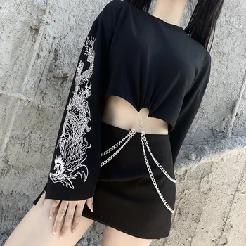 InsDoit Punk Gotice Dragon Imprimare Tricou Negru Harajuku Streetwear Lanț De Metal Mozaic Tricou Femei Toamna Topuri Cu Maneci Lungi