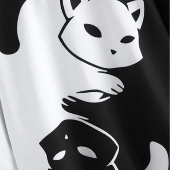 Negru și Alb pentru Femei Hoodie Lungă Maneca Yin Yang Pisica Kitty Imprimare Pulover Cupluri Jachete Moi Confortabile Trening Topuri Largi