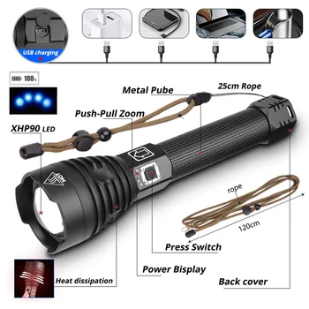 Super-Puternic Lanterna LED rezistent la apa lanterna USB reîncărcabilă 18650 sau acumulator 26650 CREE XHP90 Zoomable lampa Tabăra de vânătoare