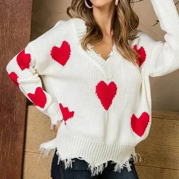 Missord 2021 Toamna Iarna Lungă Maneca V Gat Femei Tricotate Pulover Inima Ciucure pentru Femei Pulover MS011