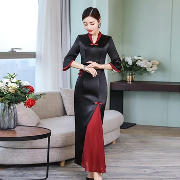 Femei Vintage Tradițională Chineză Rochie Lady Slim Stil Chinezesc Rochii De Petrecere De Nunta Qipao Negru Oriental Cheongsam Toamna
