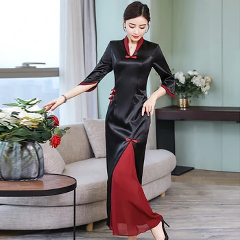 Femei Vintage Tradițională Chineză Rochie Lady Slim Stil Chinezesc Rochii De Petrecere De Nunta Qipao Negru Oriental Cheongsam Toamna