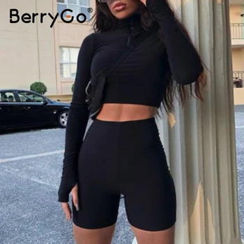 BerryGo Sexy ochi cu fermoar rever femei set scurt Casual cu maneci lungi solid stil Sport costum de Primavara toamna moda sport 2020