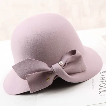 2020 Toamna Și Iarna Nou elegant Găleată Bazin De Bowknot Perla Lână Pălărie de sex Feminin LÂNĂ Cald Pălării de Moda