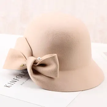 2020 Toamna Și Iarna Nou elegant Găleată Bazin De Bowknot Perla Lână Pălărie de sex Feminin LÂNĂ Cald Pălării de Moda