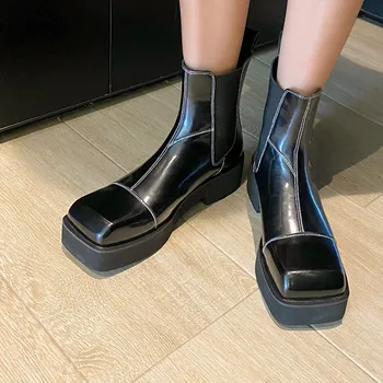 MoonMeek 2020 New sosire moda pentru femei cizme pentru femei din piele cizme laides pantofi cu tocuri înalte square toe platforma glezna cizme