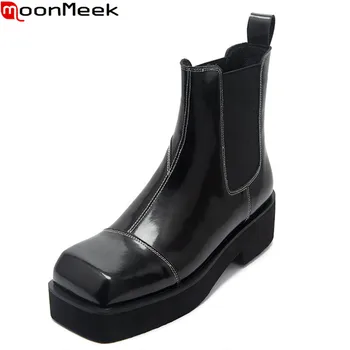 MoonMeek 2020 New sosire moda pentru femei cizme pentru femei din piele cizme laides pantofi cu tocuri înalte square toe platforma glezna cizme