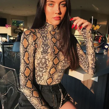 2020 Femei de Primavara Toamna Bumbac Casual Snake Print T Shirt Femei Top cu Maneca Lunga din piele de Sarpe de sex Feminin T-cămașă de Înaltă Gât Subțire Topuri