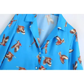2020 Femei Vintage Chic Păsări Imprimate Albastru Bluze Lungi Elegante De Moda Guler Rever Tricouri Femei Topuri Chic