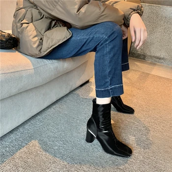 7.5 cm rotund tocuri de iarnă pantofi deget de la picior pătrat stil preppy cu fermoar petrecere elegantă, datând confortabil întinde glezna cizme XDD12 MUYISEXI