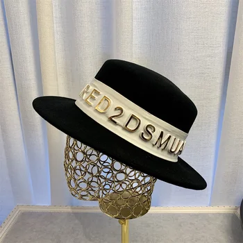 Femei Margine Largă Simțit Pălărie Fedora Lână Simțit Pălărie Panama cu cadă cu Aur Scrisoare Chingi