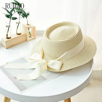 RUHAO Femei Plajă de Vară Pălărie de Paie Luntraș Capac Cu Arc Panglică Pentru Vacanta de Vacanță Audrey Hepburn margine largă viziere palarie de Soare