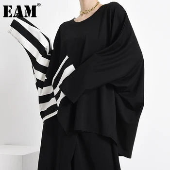 [MEM] pentru Femei Negru cu Dungi Neregulate de Mare Dimensiune T-shirt Nouă Rundă Gâtul Lung Batwing Maneca Mareea Moda Primavara Toamna anului 2021 1Z20501