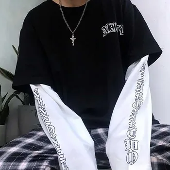 NiceMix Japonia Harajuku Alb Negru Hip Hop tricouri Barbati Femei Primavara Cuplu Mânecă Lungă Pierde Tricou Casual Scrisoare de Imprimare Tricou