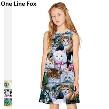 OneLineFox Pisica Drăguț De Imprimare Rochii Fete Pentru Copii Printesa Rochie De Partid Fără Mâneci Casual Adolescent Rochie De Vară 2020 Haine Copii
