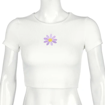 Waatfaak Broderii Florale Sexy Bază Tricou Femei Harajuku Alb T-shirt Vara O de Gât Slim Casual Kawaii Tricou Femeie 2020