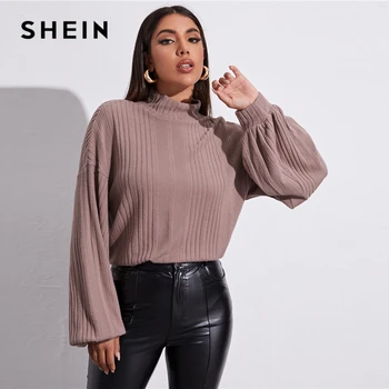 SHEIN Pâlnie Gât Felinar Sleeve Rib-knit Top Femei 2021 Primăvară Picătură de Umăr Solid Liber Casual Chic T-shirt Tees