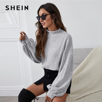 SHEIN Pâlnie Gât Felinar Sleeve Rib-knit Top Femei 2021 Primăvară Picătură de Umăr Solid Liber Casual Chic T-shirt Tees