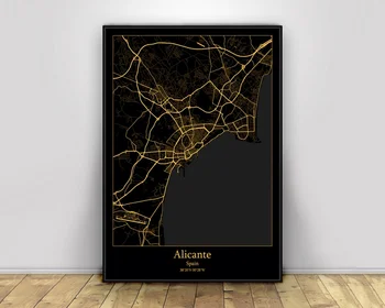 Alicante Spania Black&Gold City Light Hărți Personalizate Lume Hartă A Orașului Postere Canvas Printuri Stil Nordic Arta De Perete Decor Acasă