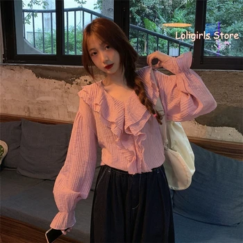 Femeile Zburli V-neck Șifon Bluza cu Maneci Lungi de Sus Sling Rochie de Fată Tânără Studentă Dulce Casual Harajuku Suspensor Rochie coreeană