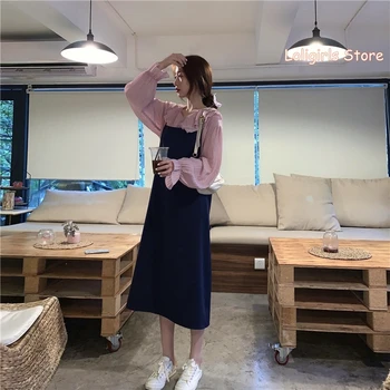 Femeile Zburli V-neck Șifon Bluza cu Maneci Lungi de Sus Sling Rochie de Fată Tânără Studentă Dulce Casual Harajuku Suspensor Rochie coreeană