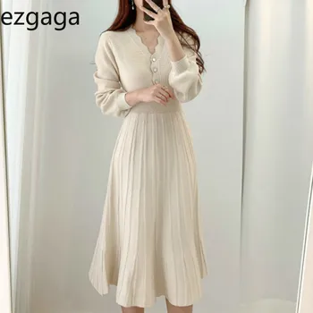 Ezgaga Pulover Tricot Rochie De Femei De Moda Coreeană V-Gat Buton Solid Licitație Talie Mare Maneca Lunga Rochie Eleganta Vestidos Feminino