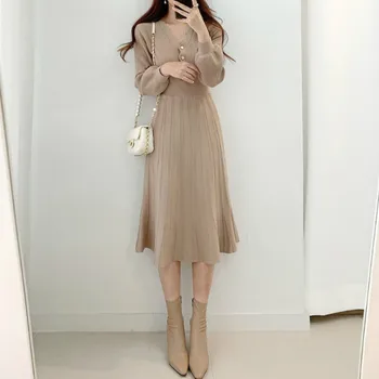 Ezgaga Pulover Tricot Rochie De Femei De Moda Coreeană V-Gat Buton Solid Licitație Talie Mare Maneca Lunga Rochie Eleganta Vestidos Feminino