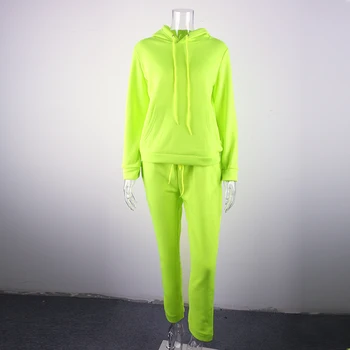 2019 Neon Verde Solid Trening Femei Set Tinuta Casual Drăguț Set De Doua Bucati Pantaloni Costum Cu Maneci Lungi Haine Set Streetwear Femme