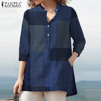 ZANZEA Eleganta de Vara cu Maneca 3/4 Bluza Femei Vintage Carouri Verificat Bluza Feminin OL Munca Blusas Casual Camasa S-5XL Tunica Topuri