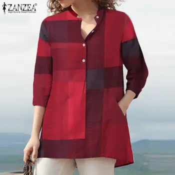 ZANZEA Eleganta de Vara cu Maneca 3/4 Bluza Femei Vintage Carouri Verificat Bluza Feminin OL Munca Blusas Casual Camasa S-5XL Tunica Topuri