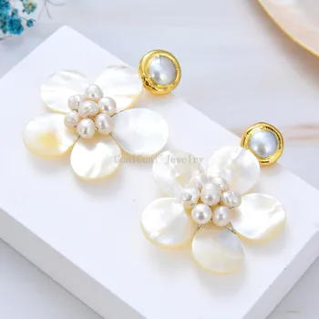 GG Bijuterii Handmade Alb Shell Flori Naturale Alb Culoare Perla de Aur Placate cu Cercei Stud Pentru Femei doamne de Bijuterii Cadou