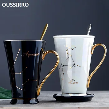 OUSSIRRO 390ml Ceramice, cani de Cafea Constelație Tema Norocos Cana cu Capac si Lingura Cadou de Crăciun pentru Prieteni L2283