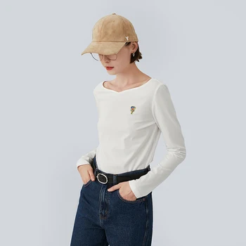 Toyouth Femei Slim tricou cu Maneca Lunga Simplu Bază Solidă Broderie Topuri