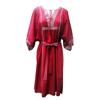 TEELYNN roșu midi rochii tunica pentru femei lantern maneca Laterală fantă rochii de bumbac Broderie boho dress rochii largi vestidos