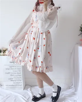Japoneze Lolita Rochie Moale Fata Kawaii Dulce Fără Mâneci Suspensor Rochie Cute Strawberry Două Piese Costum Cosplay Loli Volane Dres