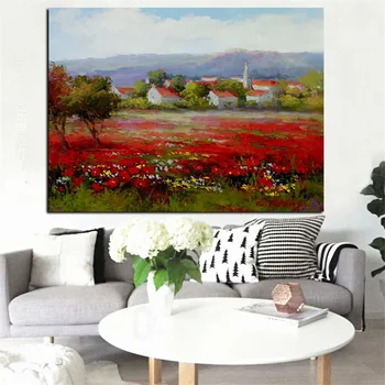 Sălbatice Flori Roșii Maci Pictură În Ulei Peisaj Postere, Printuri Moderne Pastorală Quadros Arta De Perete Camera De Zi Decor Acasă Cuadros