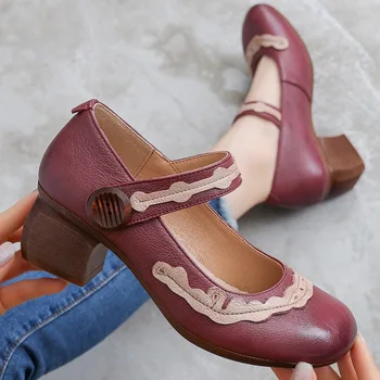 GKTINOO Nou Retro Femei Pantofi Confortabil Toc Gros Doamnelor Pompe din Piele Tocuri inalte Fund Moale Manual Pantofi Femei