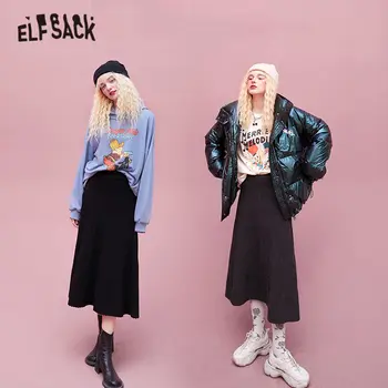 ELFSACK Negru Solidă Talie Mare Casual Tricot Plisata Midi Fuste Femei,2020 Toamna ELF Epocă Pur coreean Doamnelor Jos de zi cu Zi
